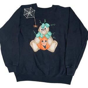 Vintage Puffy Paint Halloween Teddy Bear Pumpkin Sweatshirt Black L USA Made